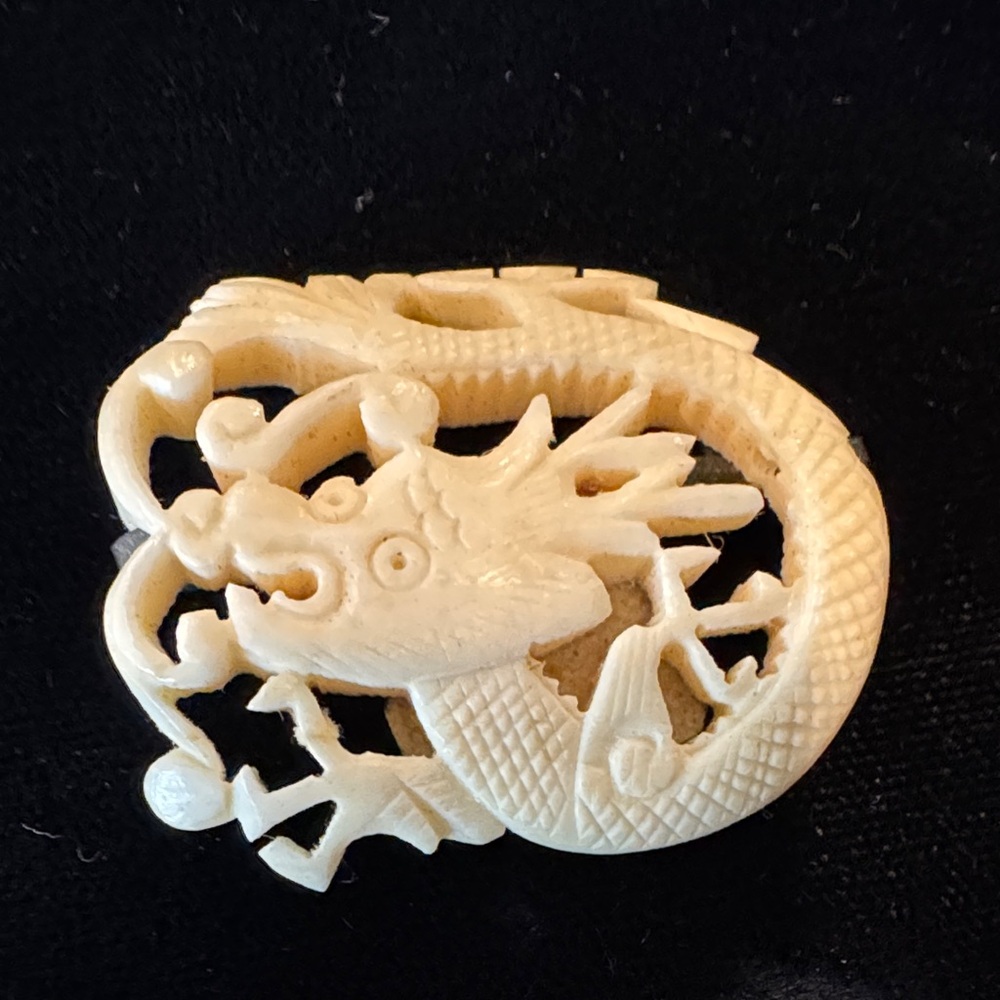 Intricate Vintage Carved Bone/Faux Ivory Dragon Brooch Labeled “MADE IN CHINA”